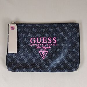 Guess Los Angeles Black Monogram Preppy Cheetah Casual Zip Up Pouch Bag Purse